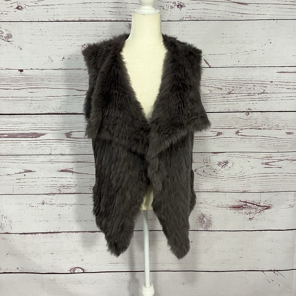 Rabbit Fur Vest Womens Size M Grey Open Front Real Fur Layering Piece